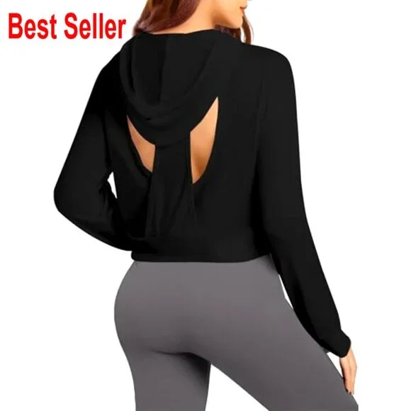 Backless Cropped Hoodie Open Back Workout Activewear Pullover Long Sleeve - Picture 2 of 6